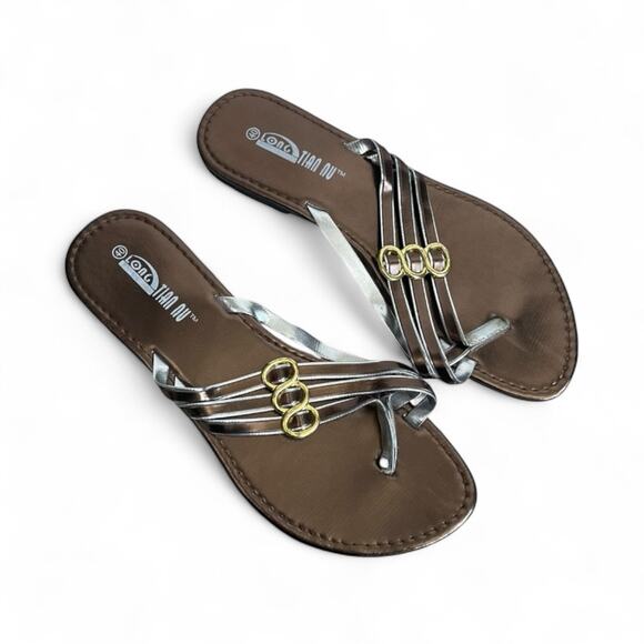 Long Tian Nu Bronze Gold & Silver Strappy Flip Flop Sandals - Picture 1 of 6